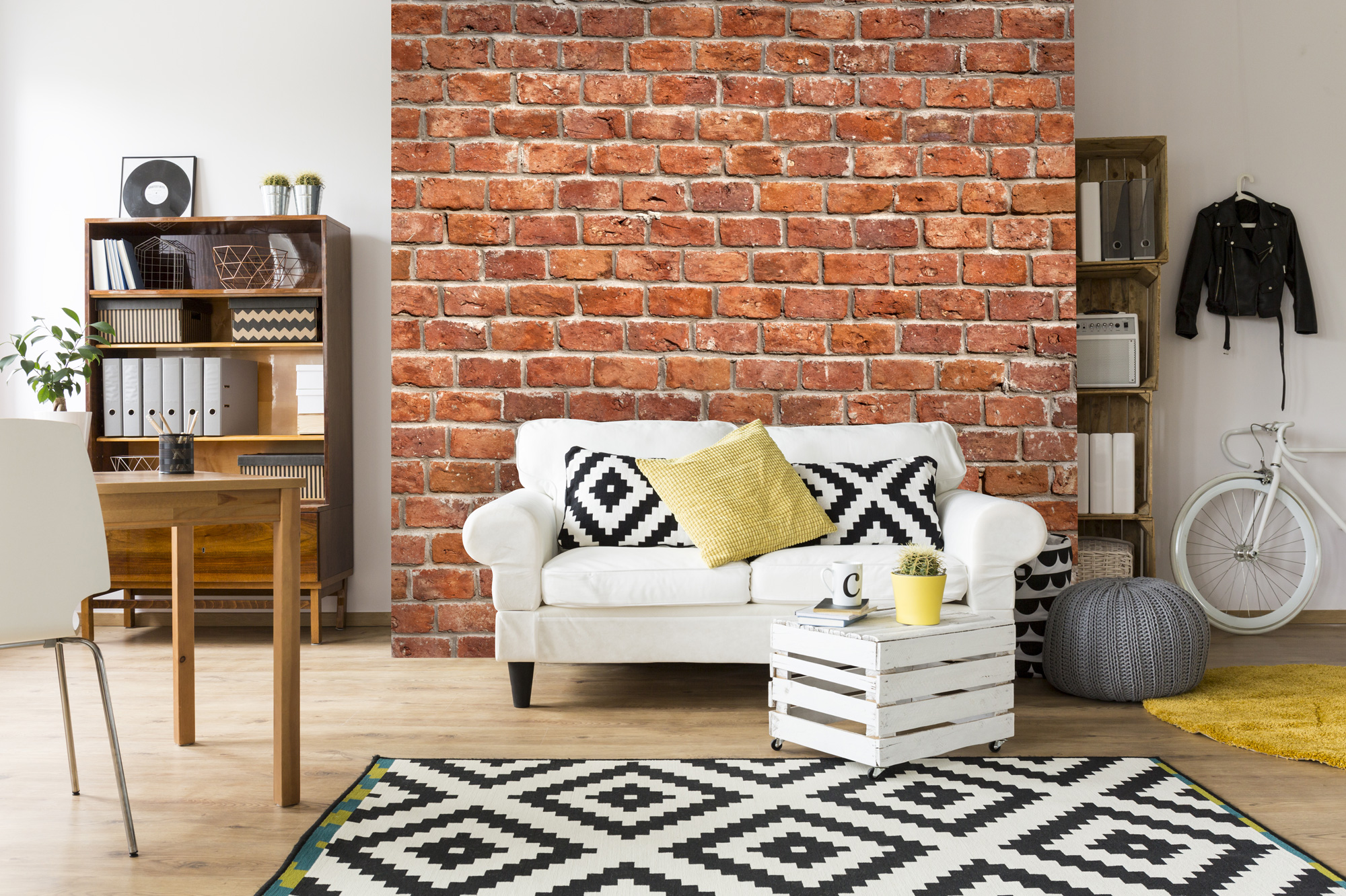 brick wallpaper feature wall living room